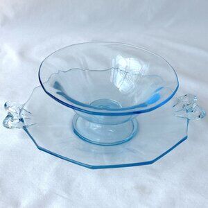 Vintage Fostoria Fairfax Azure Blue Bow Plate & Footed Bowl Set Depression Glass
